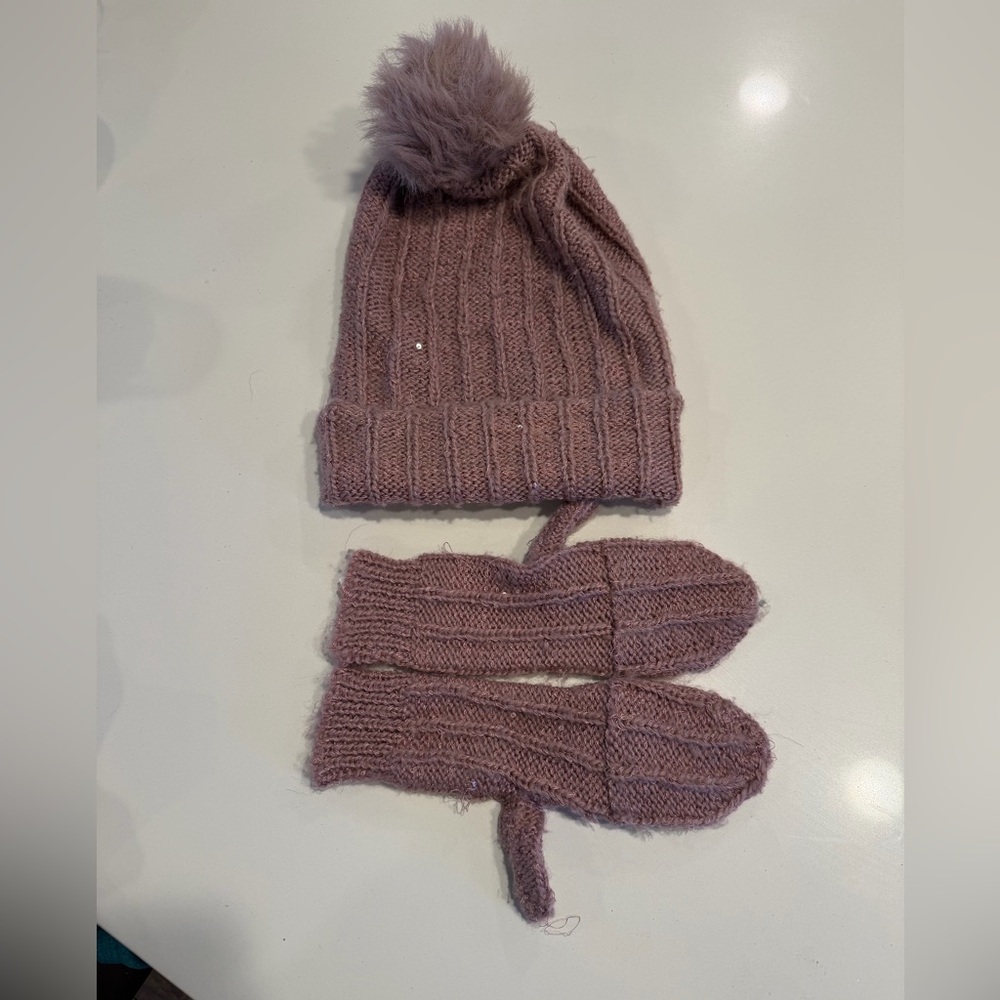 Juicy Couture Mauve Sparkle Knit Hat and convertible Mittens Set